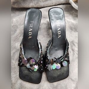 Prada Black Discs & Sequins Mules Sandals Kitten Heel Satin Size 38